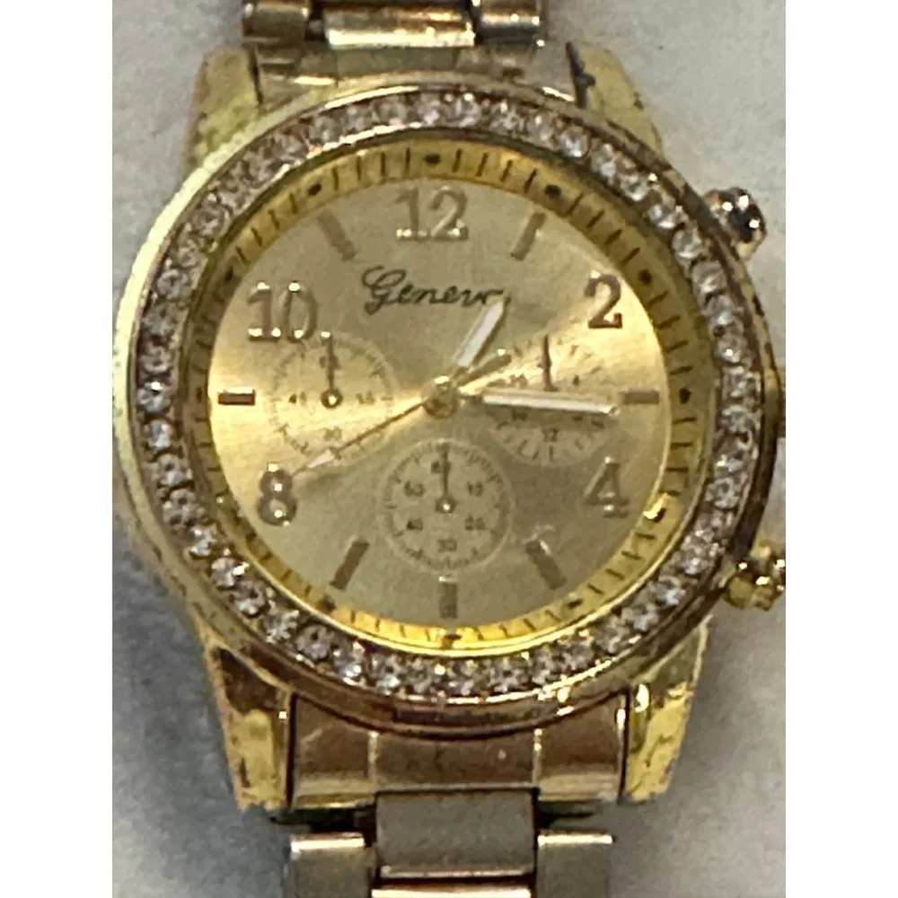 Geneva Gold Tone Rhinestone Bezel Faux‎ Chrono Quartz Analog Women's Wrist Watch